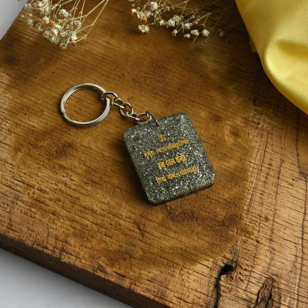 Pyrite Keyring with the Sacred Gayatri Mantra